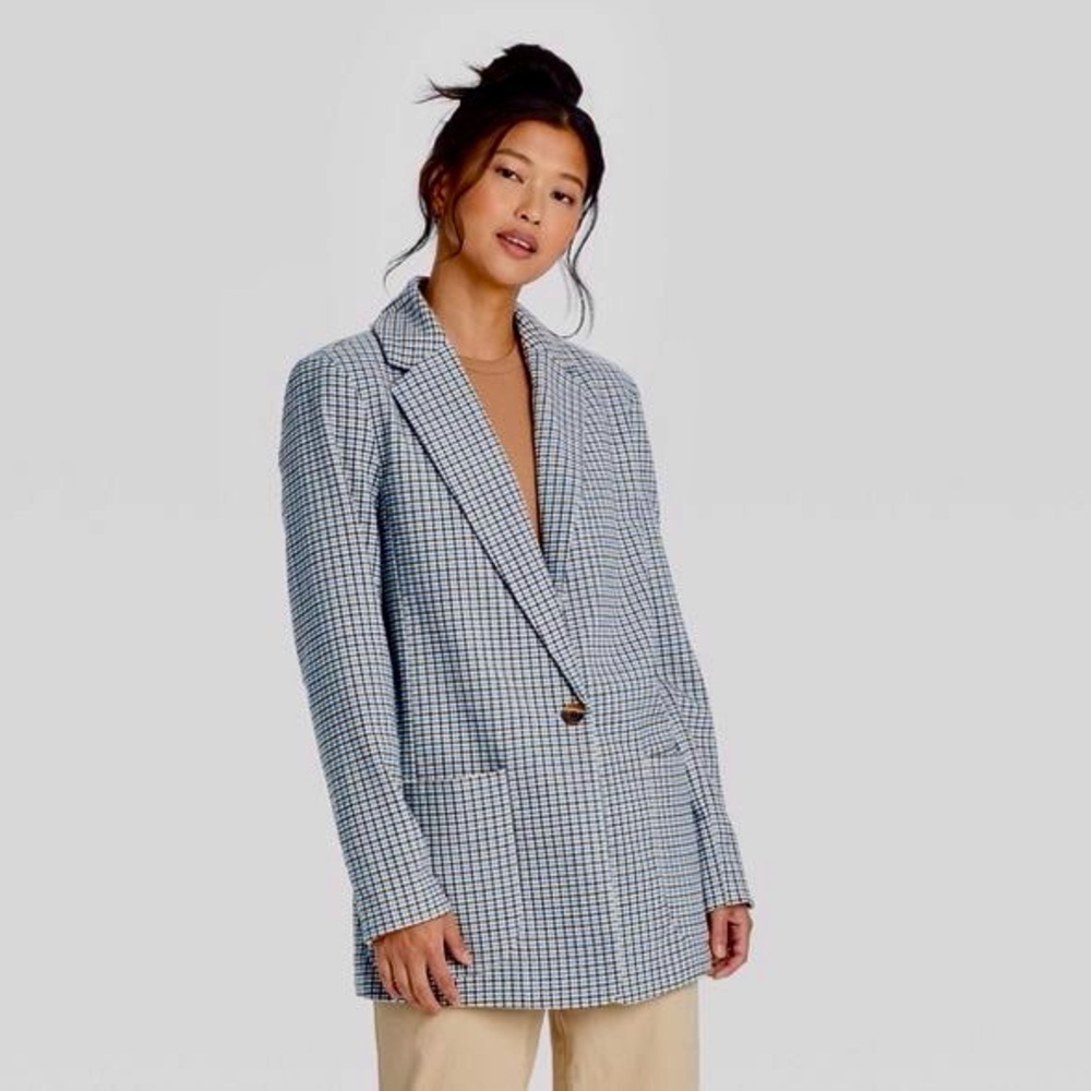 NWT, A New Day Women's Blue, Brown, Cream oversized plaid one button blazer, S